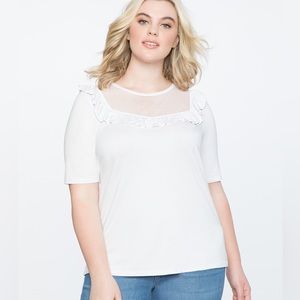 Stretchy white tee with mesh and ruffle collar Eloquii 22/24